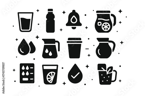 Hydration Icons Collection. Hydration habits. Solid icons set of water glass, water bottle, hydration reminder, fruit-infused water, water droplets, pitcher,
