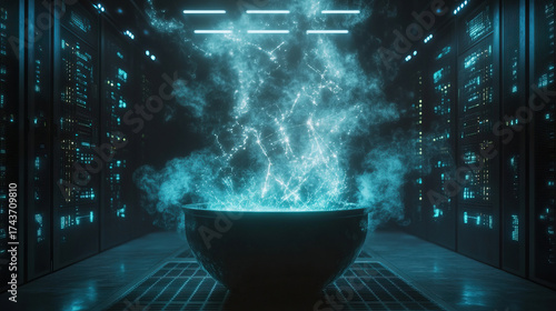Cauldron with quantum entanglement effects, particles blinking in and out of existence, floating in data center with server lights, digital smoke forming equations