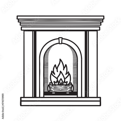 A fireplace with a mantel and fire, black and white line drawing.