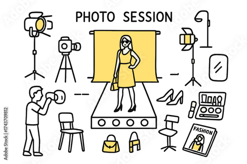 Fashion Photo Session. Photo Session. Hand-drawn doodle illustration photo session model (accented), camera, tripod (accented), spotlight, fashion outfit