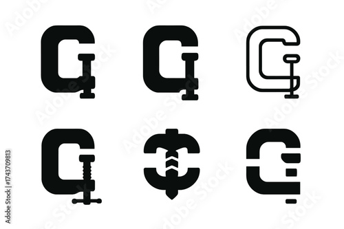 Clamp Logo Variations. Equipment Assembly. Set Logo of Equipment Assembly: clamp. harmonious logo variations of the same emblematic concept, each