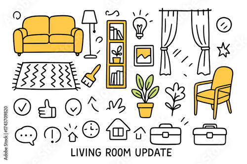 Cozy Living Room Doodles. Living Room Update. Hand-drawn doodle illustration sofa (colored), lamp, bookshelf (colored), rug, potted plant (colored),