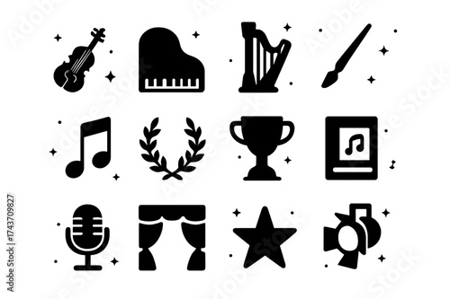 Classical Music Icons. Classical Awards. Solid icons set of violin, piano, harp, conductor baton, music note, laurel wreath, trophy, sheet music, microphone,