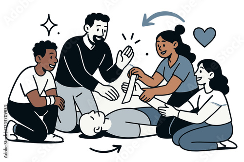 Dynamic Team Training. Team learning. Glowing group gathered around instructor practicing bandages and CPR together. Floating icons of sparkle, heart, and