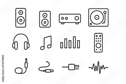 Hi-Fi System Icons. Hi-fi system. Line icon set of hi-fi system: floor speaker, bookshelf speaker, amplifier, turntable, headphones, music note, equalizer,