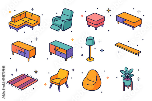 Colorful Furniture Icons. Modern Furniture. Colorful isometric vector icons set of Modern Furniture: sectional sofa, recliner chair, ottoman, coffee table,