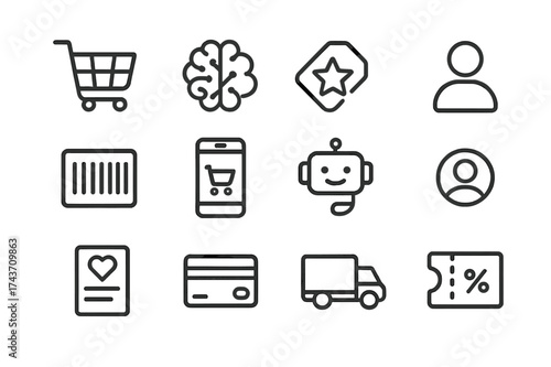 AI Shopping Icon Set. Personalized AI Shopping Experiences. Line icon set of Personalized AI Shopping Experiences: shopping cart, AI brain, recommendation
