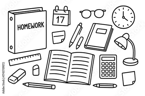 Homework Essentials Sketch. Homework. Hand-drawn doodle illustration homework binder, book, notebook, pen, pencil, ruler, eraser, calculator, lamp, glasses,