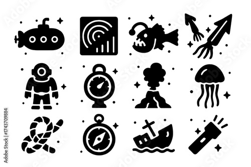 Deep Sea Icons. Deep Sea Exploration. Solid icons set of Deep Sea Exploration: submarine, sonar, lanternfish, giant squid, deep diver, pressure gauge, abyssal