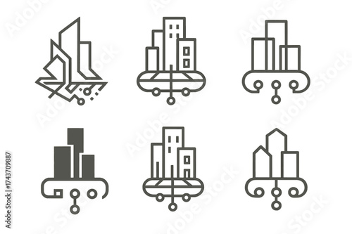 Smart City Logos Grid. Smart cities and future technology. Set Logo of Smart cities and future technology: City digital twin / 3D map. harmonious