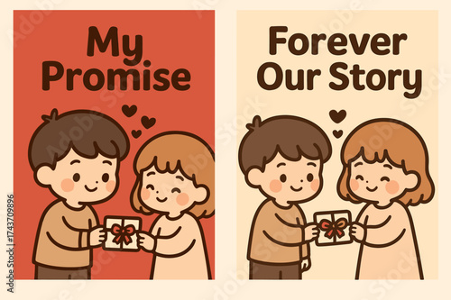 Kawaii Promise Banners. Promise. Two vertical A6 banners, kawaii, red and beige backgrounds, cute characters exchanging a ribbon-wrapped note and hearts, first