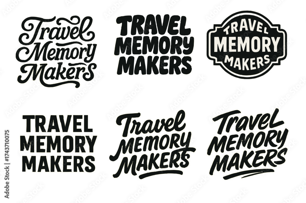 Obraz premium Creative Lettering Grid. Travel Memory Makers. Set lettering. harmonious lettering variations of the same emblematic concept, each with different artistic
