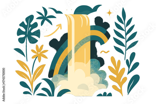 Magical Rainbow Falls. Rainbow falls. A glowing waterfall casts abstract rainbow arcs in misty air, stylized tropical plants surrounding. A magical jungle