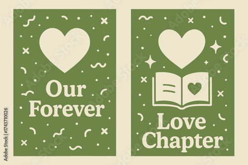 Memphis Style Romance. Affection. Two vertical A6 banners with safe margins, centered composition, no elements touching edges, memphis style, olive green and