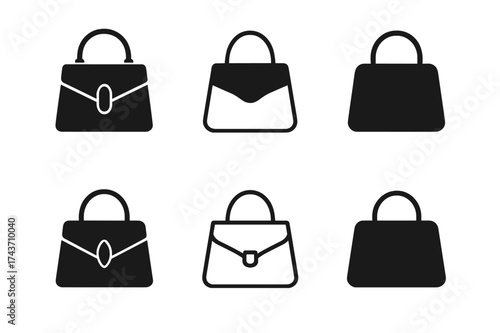Elegant Bag Logos. Luxury accessories for men and women. Set Logo of handbag: elegant designer bag silhouette. harmonious logo variations of the same