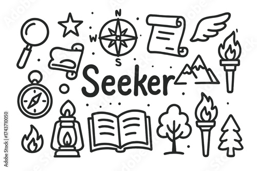 Doodle Seeker Icons. Seeker. Hand-drawn doodle illustration of Seeker. magnifying glass, compass, scroll, star