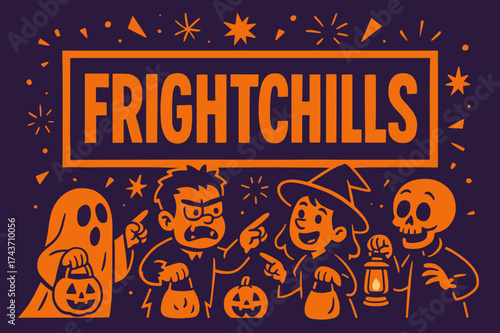 FrightChills Banner. FrightChills banner, flat vector illustration, bold oversized text inside rectangular frame, cartoon characters pointing and gesturing
