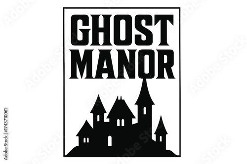 Ghost Manor Poster. Ghost Manor ? Bold Block Lettering, stacked uppercase with chunky geometric serifs, heavy outline and flat 3D shadowing, rectangular poster
