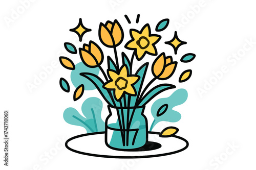 Spring Blooms Centerpiece. Spring Flowers. A brunch table centerpiece with glowing tulips and daffodils in a vase, abstract floating petals and spark icons