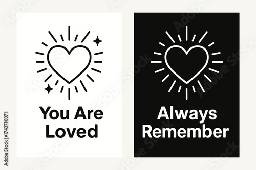 Heartfelt Affirmation Banners. Affirmation. Two vertical A6 banners, flat vector design, black and white backgrounds, simple heart emblem with radiant lines