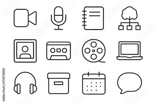 Family History Icons. Family history recording. Line outline icon set of family history recording: video