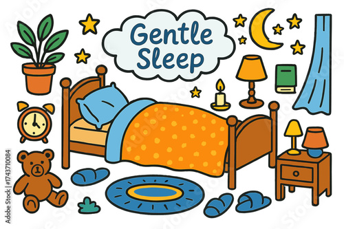 Dreamy Bedtime Scene. Gentle Sleep. Colorful Hand-drawn doodle Children illustration Gentle Sleep bed with comforter, pillows, dream cloud, slippers, lamp,