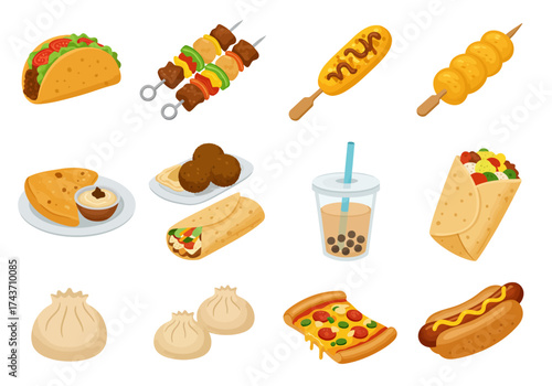 Delicious Assortment of Global Street Food Icons Tacos, Skewers, Burritos and More
