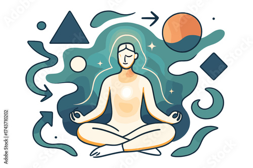 Wallpaper Mural Meditative Geometric Harmony. Meditative journey. Glowing person sitting in lotus position, abstract floating geometric shapes, light orbs, and subtle auras Torontodigital.ca