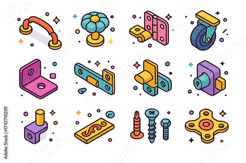 Furniture Accessory Icons. Furniture Accessories. Colorful isometric vector icons set of Furniture Accessories: dresser handle, decorative knob, furniture