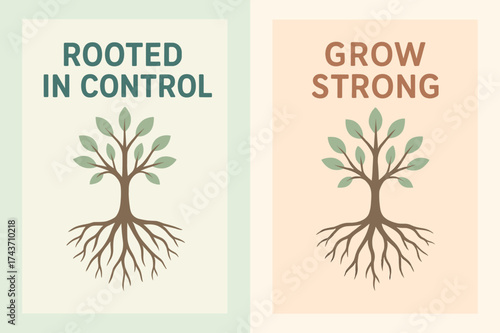 Rooted Growth Banners. Growth. Two vertical A6 banners with safe margins, centered composition, no elements touching edges, pastel style, mint and peach,