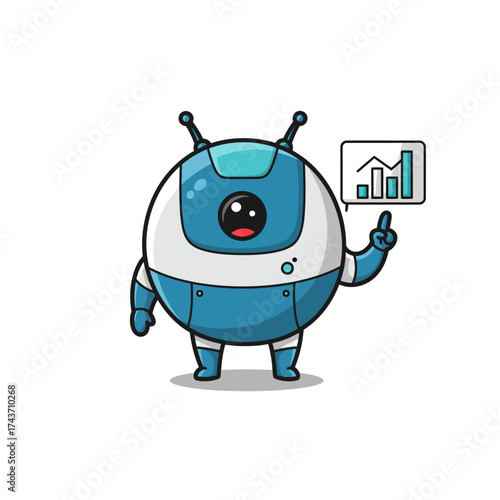 A cute blue and white round robot mascot pointing to a rising bar chart, symbolizing business growth and data analysis.