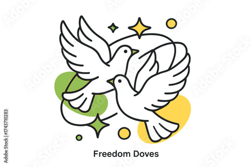Freedom Doves Ascending. Freedom Doves. A pair of doves rising upward in unison, glowing abstract stars and circles orbiting around them. Modern flat-line