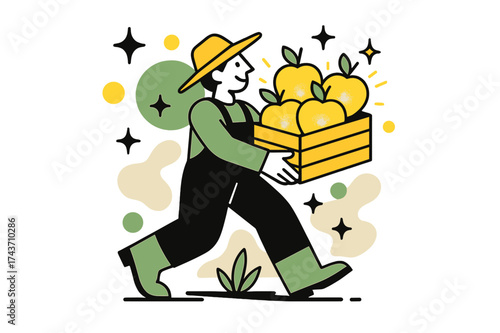Bountiful Harvest Illustration. Farm harvest. A character carrying a crate of apples with glowing fruits inside, abstract stars and circles floating to