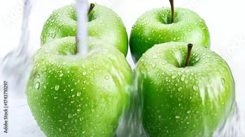 Four fresh green granny smith apples covered in water droplets, creating a refreshing and vibrant image isolated on white background