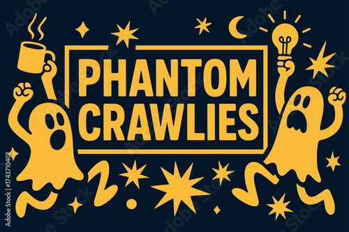 Phantom Crawlies Design. Phantom Crawlies banner, flat vector illustration, bold oversized text inside rectangular frame, cartoon characters dancing and
