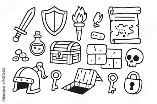 Dungeon Adventure Icons. Adventure dungeon. Hand-drawn doodle illustration adventure dungeon sword, shield, torch, scroll, map, potion, chest, gold coins,