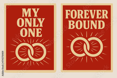 Interlocked Rings Radiance. Commitment. Two vertical A6 banners with safe margins, centered composition, no elements touching edges, bold style, red and beige,