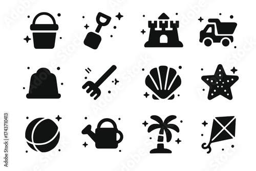 Playground Sandbox Icons. Playground Sandbox. Solid icons set of Playground Sandbox: Bucket, Shovel, Sandcastle, Toy Truck, Mold, Rake, Seashell, Starfish,