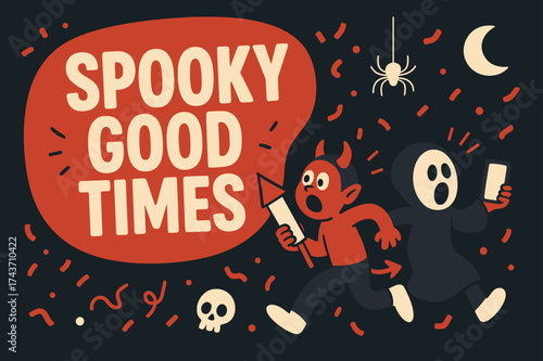 Spooky Celebration Banner. Spooky Good Times banner, flat vector illustration, bold oversized text inside rounded blob, cartoon characters running