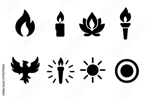 Spiritfire Icon Set. Spiritfire. Filled icon set of Spiritfire: flame, candle, lotus, torch, phoenix, radiant