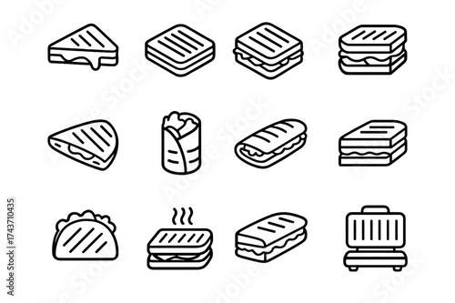 Grilled Sandwich Icons. Grilled sandwiches. Line icon set of Grilled sandwiches: grilled cheese, panini, club sandwich, croque monsieur, quesadilla, wrap,