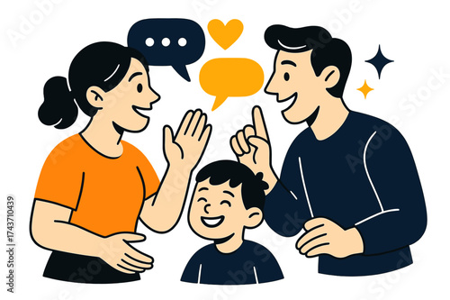 Joyful Family Connection. Positive communication. Parents glowing as they talk calmly while child smiles nearby. Floating chat bubbles, heart, and sparkle