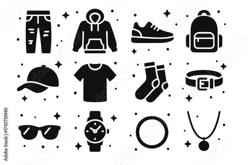 Casual Outfit Icons. Casual Outfit. Solid icons set of Casual Outfit: Ripped Jeans, Hoodie, Sneakers, Backpack, Cap, T-Shirt, Socks, Belt, Sunglasses, Watch,
