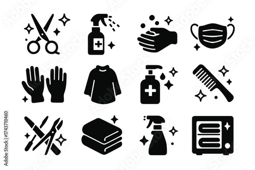 Salon Hygiene Icons. Salon Hygiene Practices. Solid icons set of Salon Hygiene Practices: clean scissors, sanitizing spray, hand washing, protective face mask,
