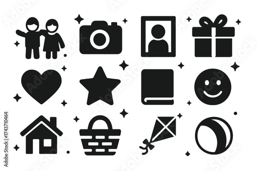 Memories Icon Collection. Memories. Solid icons set of Memories: siblings, camera, photo frame, gift box, heart, star, book, smiley face, family house, picnic