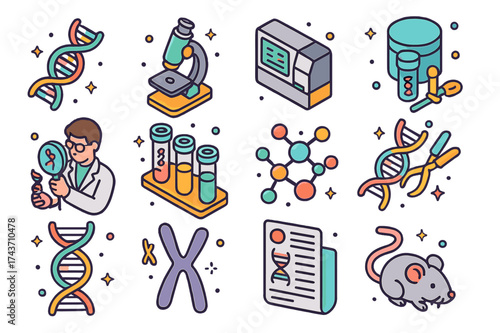 Genetic Research Icons. Genetic Research. Colorful isometric vector icons set of Genetic Research: DNA strand, microscope, genome sequencing machine, genetic