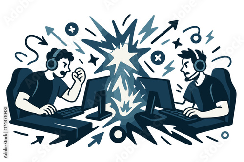 Batalla Esports Brillante. Esports battle. Two players sit at glowing computer setups, abstract neon shapes and arrows fly across the scene representing the