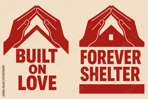 Built on Love. Commitment. Two vertical A6 banners with safe margins, centered composition, no elements touching edges, bold style, red and beige, two hands
