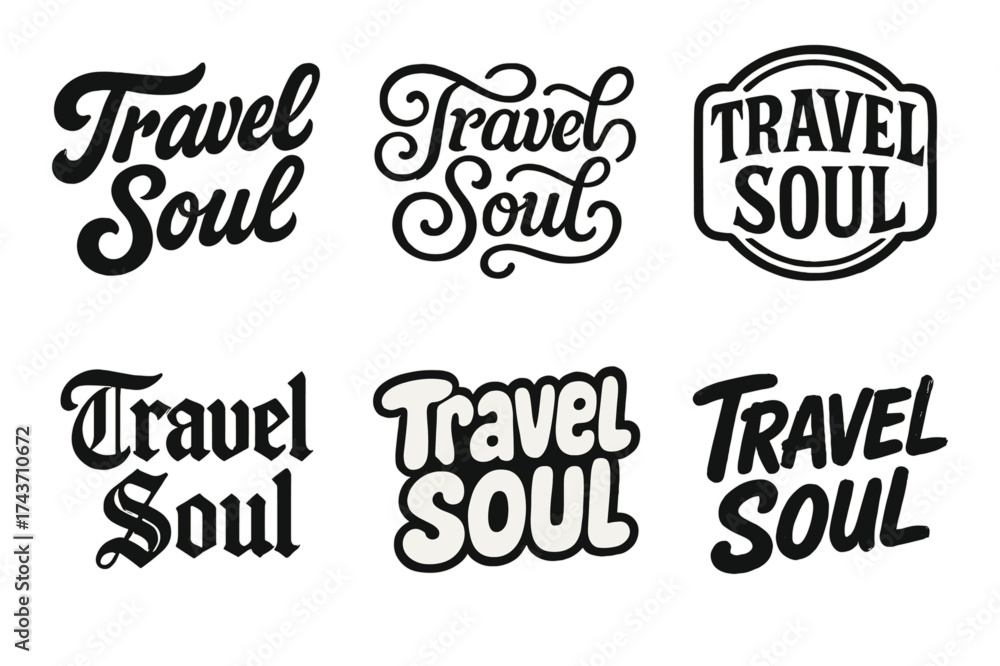 Fototapeta premium Creative Lettering Styles. Travel Soul. Set lettering. harmonious lettering variations of the same emblematic concept, each with different artistic