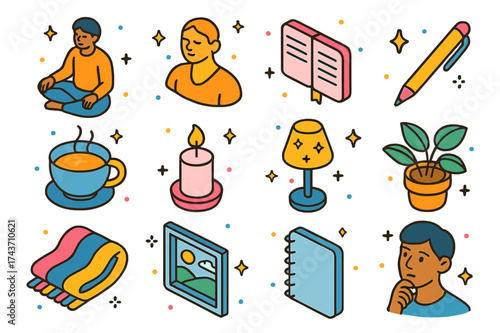 Serene Icon Set. Serene moment. Colorful isometric vector icons set of serene moment: seated person, calm pose, journal, pen, cup of tea, candle, lamp, potted